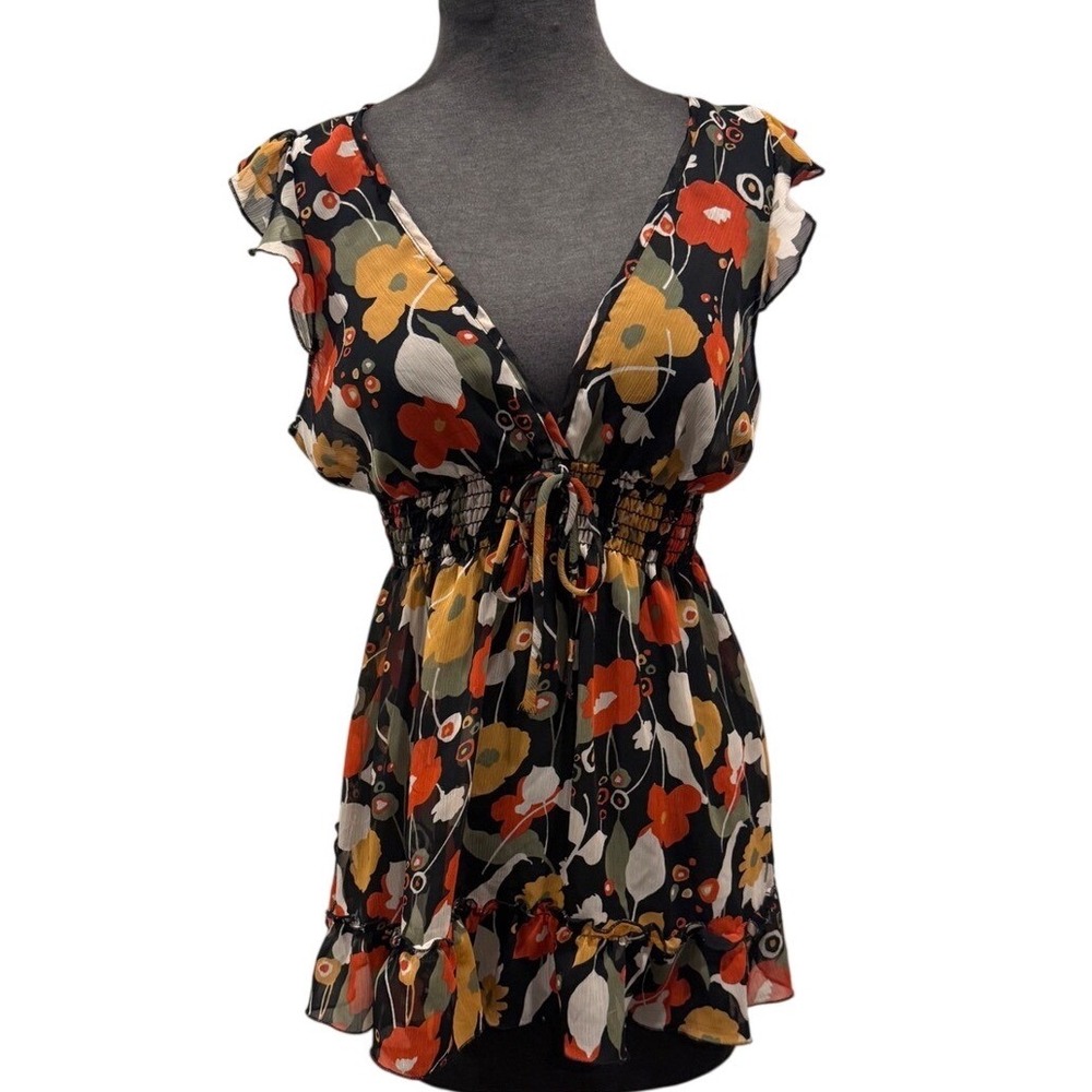 Forever Y2K 21 Floral Chiffon Babydoll Top Smocked‎  V-Neck Flutter Sleeve